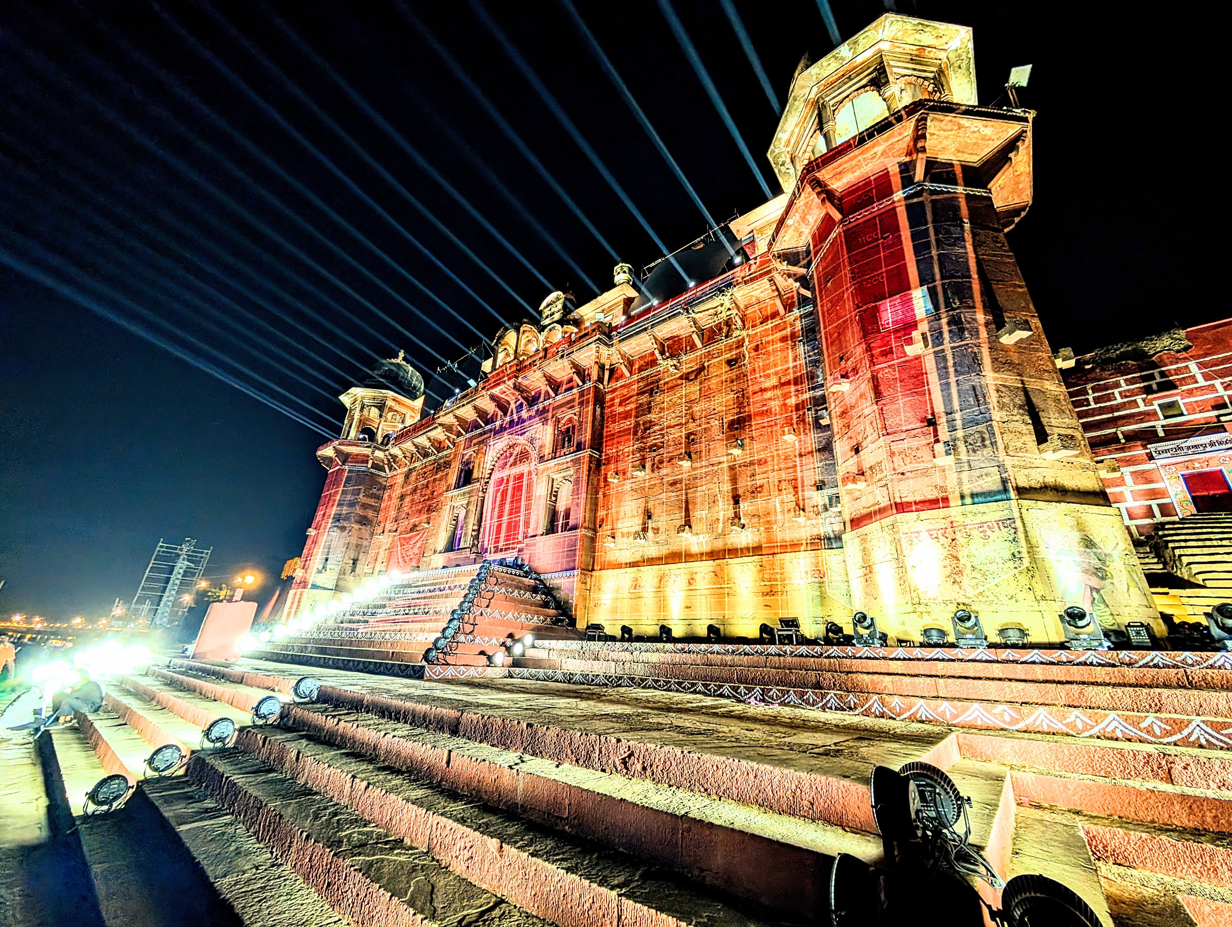 Dev Deepawali on Chet Singh Ghat steps — illuminated fort at night