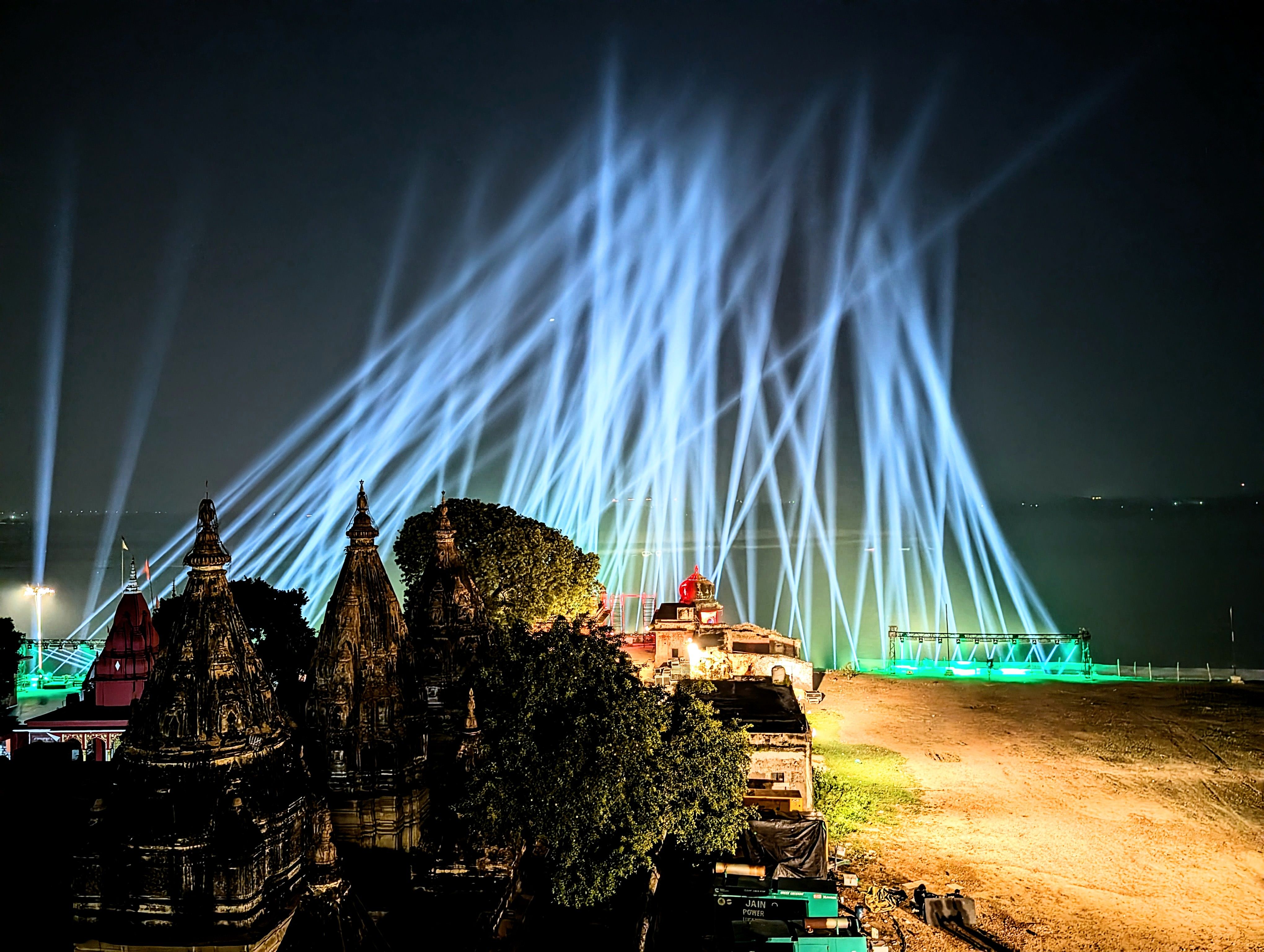 Dev Deepawali laser show viewed from the terrace at Chet Singh Ghat, Varanasi